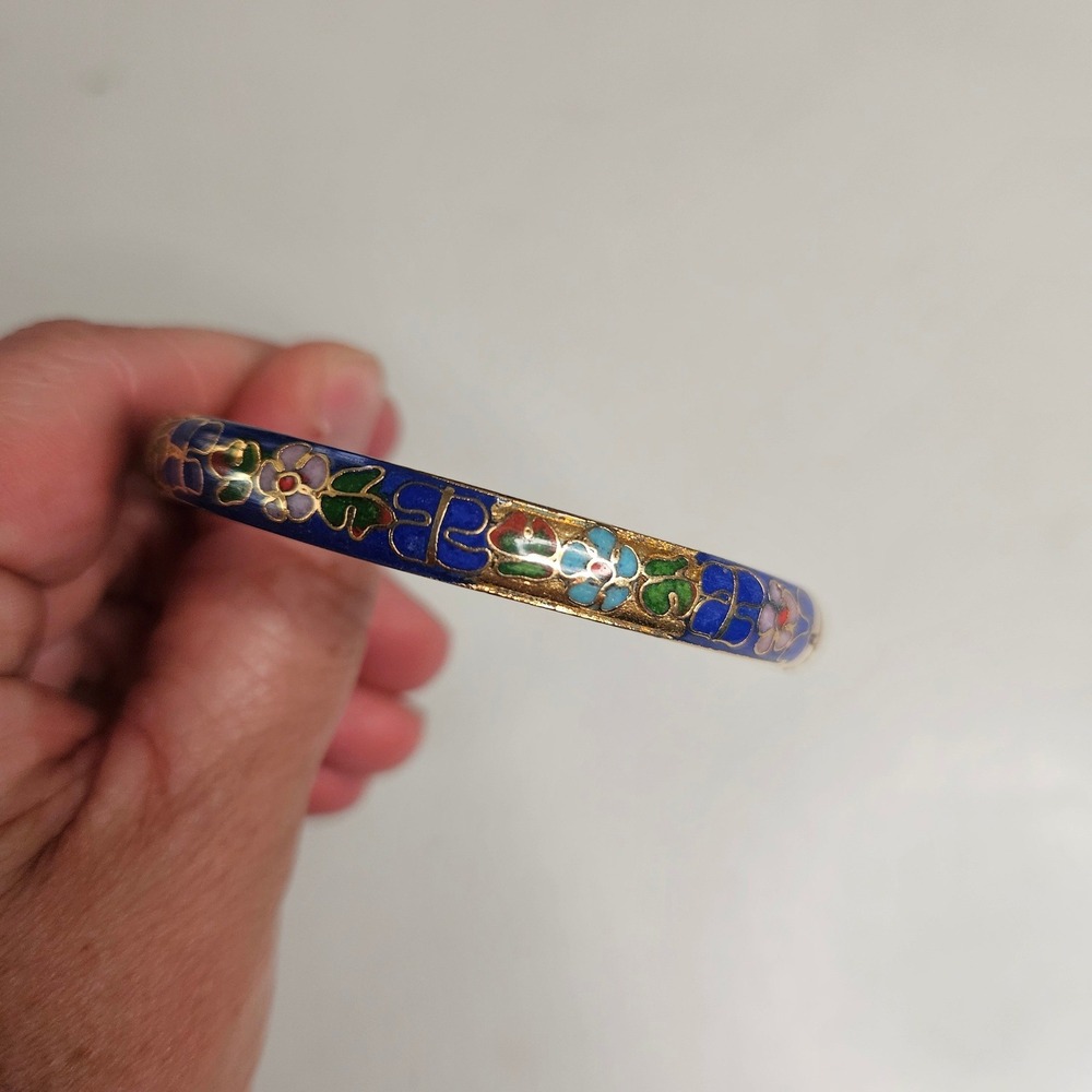 Vintage Cloisonne‎ Enamel Bangle Bracelet Blue Floral Gold Tone Hinged Clasp
